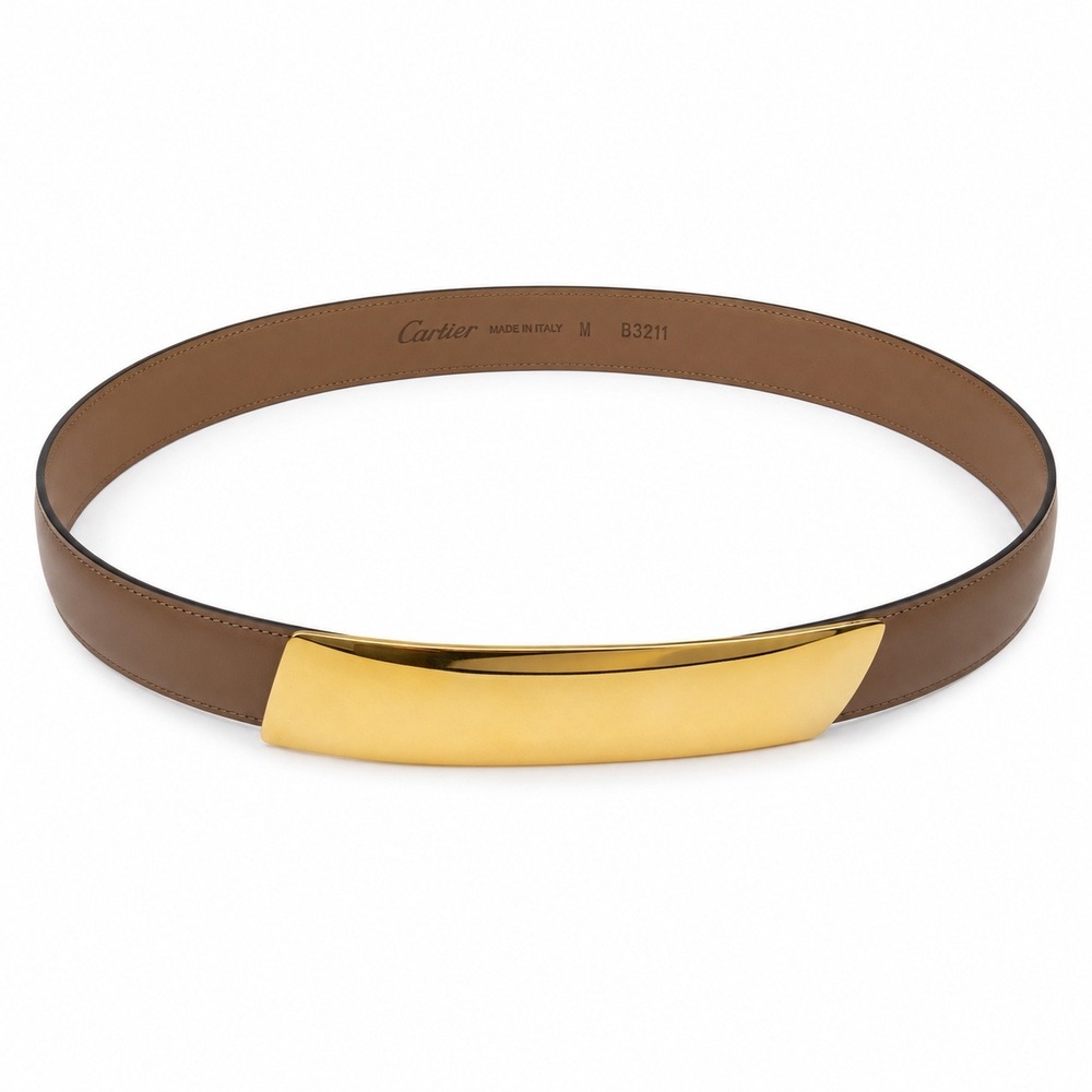 Vintage 90s Calderon Size M Leather Belt Taupe Sculptural Gold Tone Buckle 22011
